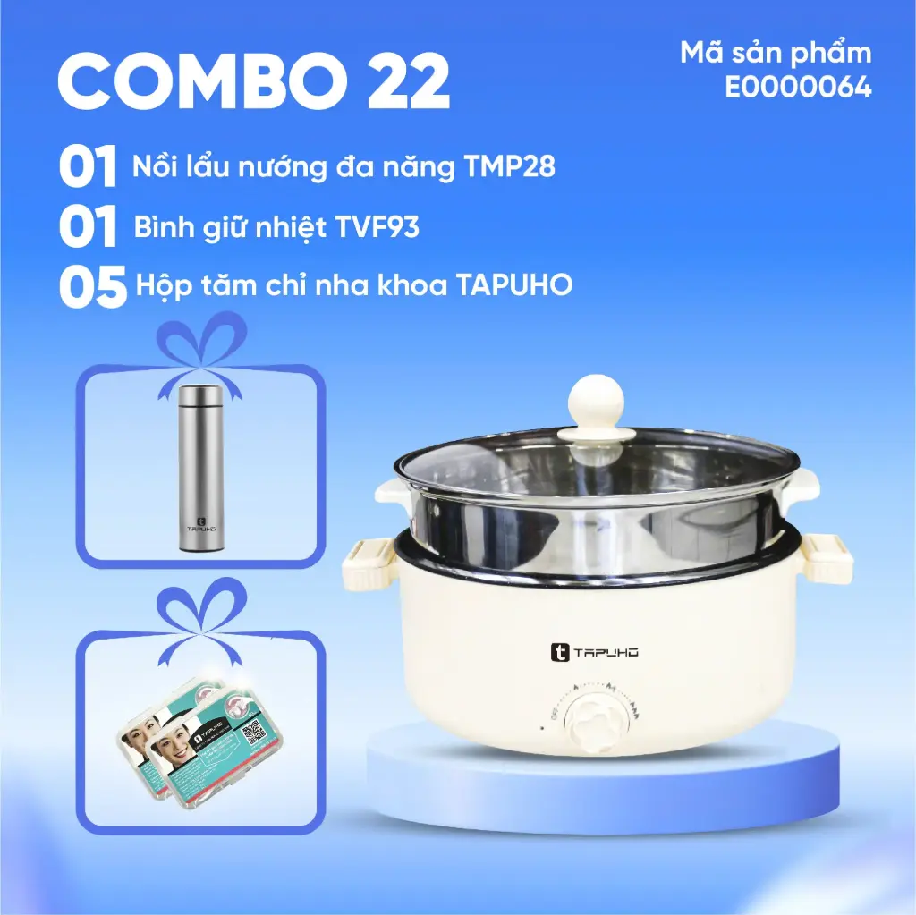 Combo (1 Nồi lẩu nướng đa năng TMP28 + 1 Bình giữ nhiệt TVF93 + 5 Hộp tăm chỉ nha khoa TAPUHO)